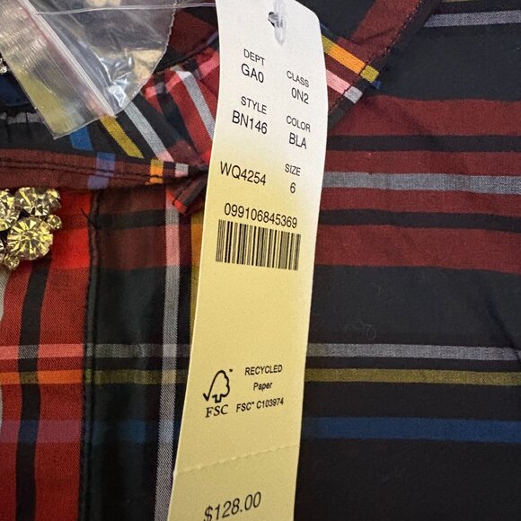 J.Crew Jeweled Button Popover Tunic Top Black Stewart Tartan Plaid Sz 0 $128 - Picture 8 of 9